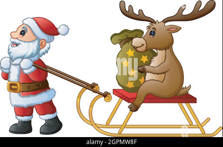 Cartoon funny santa claus pulling a sleigh with a deer with sack of presents Stock Vector