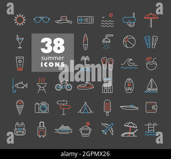 Summer vector flat icons set on dark background. Summertime sign Stock Vector
