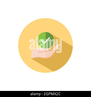 Hold hand check mark. Flat icon in a circle. Commerce vector illustration Stock Vector