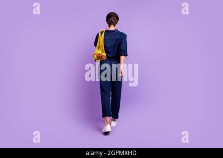 Full back view photo of charming woman go walk shopping use net reusable recycle bag isolated on purple color background Stock Photo