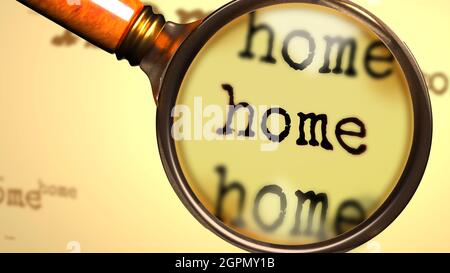 Home - abstract concept and a magnifying glass enlarging English word Home to symbolize studying, examining or searching for an explanation and answer Stock Photo