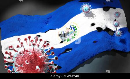 Covid in El Salvador - coronavirus attacking a national flag of El Salvador as a symbol of a fight and struggle with the virus pandemic in this countr Stock Photo