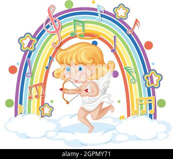 Cupid girl with melody symbols on rainbow wave illustration Stock ...