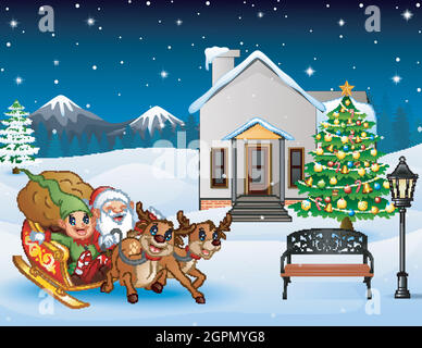 Cartoon santa claus with elf riding on a sleigh with bag of gifts Stock Vector