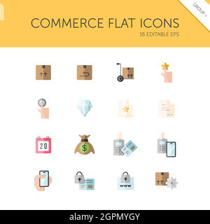 Commerce. Box, diamond, hand, swiping machine, security, money and calendar group. Isolated color icon set. Flat vector illustration Stock Vector