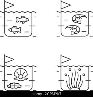 Commercial sea product farming linear icons set Stock Vector