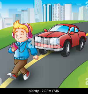 Boy walking listening music player in front car on street city Stock Vector