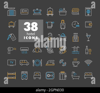 Hotel vector flat icon set on dark background Stock Vector