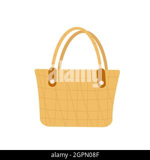 Beach straw bag, summer beauty accessory vector illustration. Cartoon fashionable female bag for fashion woman, picnic or beach walking isolated on white Stock Vector