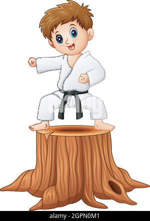 Little boy doing karate on tree stump Stock Vector