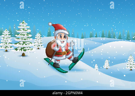 Santa claus skiing in the snow hill with sack of gifts Stock Vector