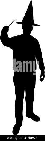 Silhouette wizard holds magic wand trick waving sorcery concept magician sorcerer fantasy person warlock man in robe with magical stick witchcraft in hat mantle mage conjure mystery idea enchantment black color vector illustration flat style image Stock Vector