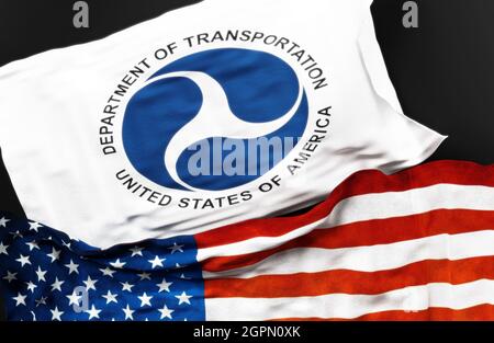 Flag of the United States Department of Transportation along with a flag of the United States of America as a symbol of a connection between them, 3d Stock Photo