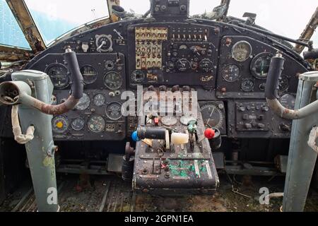 Old ruined aircraft cockpit of Antonov An-2 Stock Photo