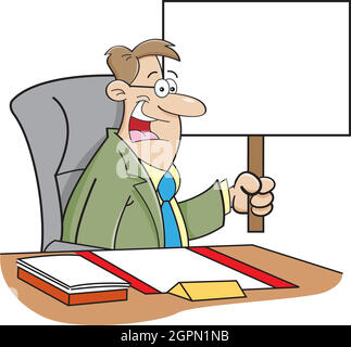 Cartoon illustration of a man sitting at a desk and holding a sign. Stock Vector