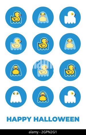 Halloween greeting card. Cute Yellow ducks ghosts Stock Vector