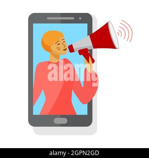 Woman in smartphone screen. Woman holding loudspeaker or bullhorn. Vector illustration in flat style. Stock Vector