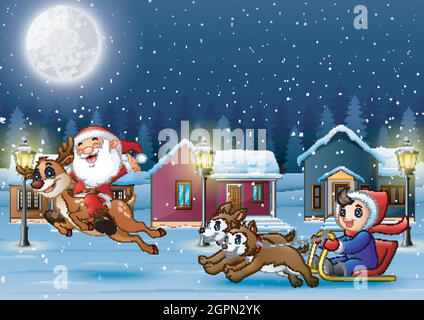 Happy santa claus riding a reindeer with boy on a sleigh pulled by dog Stock Vector