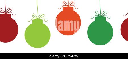Christmas ornaments seamless vector border. Repeating banner pattern background with hanging Christmas bauble garland silhouette red green. For Stock Vector