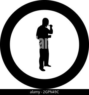 Man trying food from spoon standing Tasting concept Gourmet tries dish Chef trying silhouette in circle round black color vector illustration solid outline style image Stock Vector