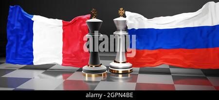 France Russia summit, fight or a stand off between those two countries that aims at solving political issues, symbolized by a chess game with national Stock Photo