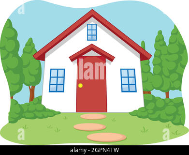 Cute Children House Garden Cartoon Illustration Drawing Stock Vector