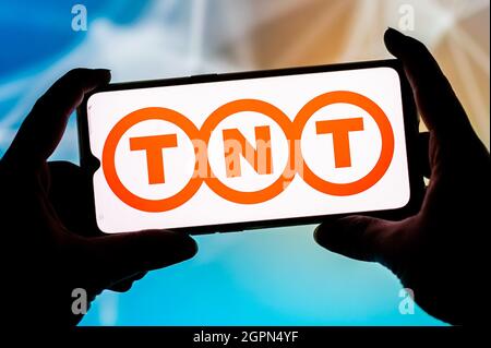 Poland. 23rd Sep, 2021. In this photo illustration a TNT logo seen displayed on a smartphone. (Photo by Mateusz Slodkowski/SOPA Images/Sipa USA) Credit: Sipa USA/Alamy Live News Stock Photo