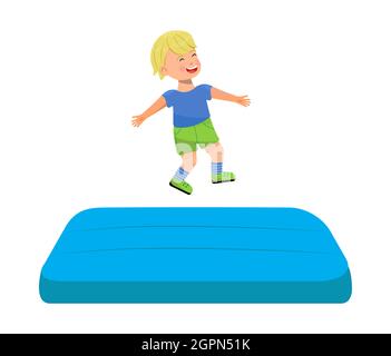 Kid jumping on trampoline. Children leisure, kids zone, active rest for little girl and boy. Vector illustration set of playroom, bounce house for chi Stock Vector