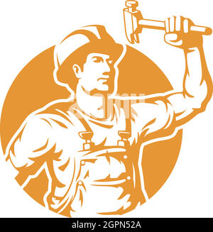 Silhouette Construction Worker Holding Hammer Logo Illustration Stock Vector
