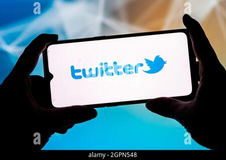 Poland. 23rd Sep, 2021. In this photo illustration a Twitter logo seen displayed on a smartphone. Credit: SOPA Images Limited/Alamy Live News Stock Photo
