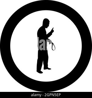 Angry man with belt in hand for punishment warns showing index finger Violence in family concept Abuse idea Domestic trouble Fury male threatening victim Social problem Husband father emotionally aggression against human Bullying silhouette in circle roun Stock Vector