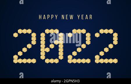 Gold Happy New Year 2022 Vector block typography. Holidays greeting card illustration. Geometric New year Posters like electronic scoreboard. Stock Vector
