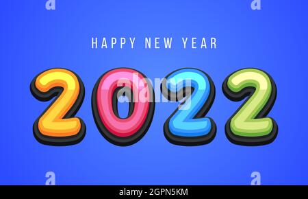 Vector Happy New Year 2022 cute greeting card for Children. Funny Alphabet Letters, Numbers, Symbols. Multicolored Font contains Graphic Style Stock Vector
