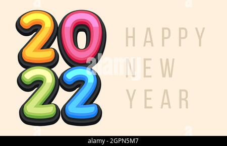 Vector Happy New Year 2022 cute greeting card for Children. Funny Alphabet Letters, Numbers, Symbols. Multicolored Font contains Graphic Style Stock Vector