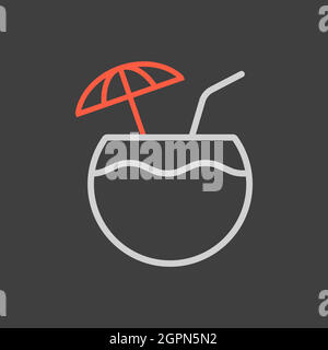 Coconut cocktail drink vector icon on dark background. Summer sign Stock Vector