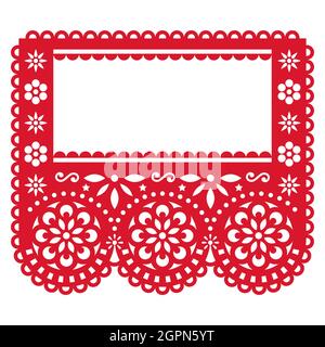 Papel Picado party garland decoration - vector template design with empty space for text, red Mexican paper cut out background with flowers and geomet Stock Vector