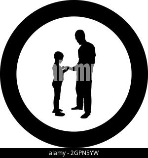 Man transmits thing to boy Father Male give book gadget smartphone son children take something Dad relationship Family concept Child friendship toddler daddy silhouette in circle round black color vector illustration solid outline style image Stock Vector
