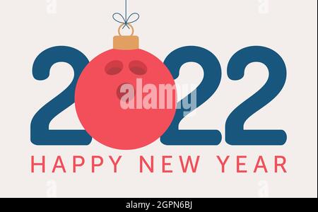2022 Happy New Year bowling vector illustration. Flat style Sports 2022 greeting card with a bowling ball on the color background. Vector illustration Stock Vector