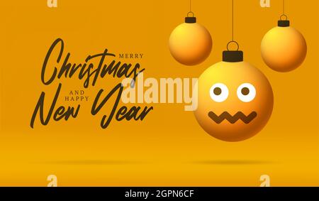 Merry Christmas card with Dizzy confused smile emoji face. Vector illustration in flat style with Xmas lettering and emotion in christmas ball hang on Stock Vector