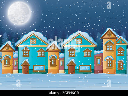 Winter night landscape with a house Stock Vector