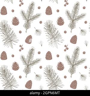 Christmas floral seamless patter with Christmas tree branches and cones. Hand drawn vector illustration Stock Vector