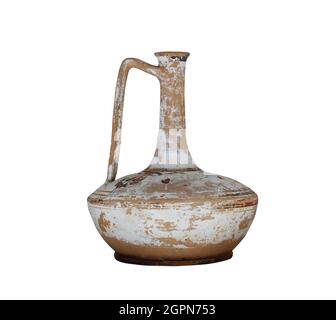 front view closeup of antique reconstructed drinking pot vase with large handle isolated on white background Stock Photo