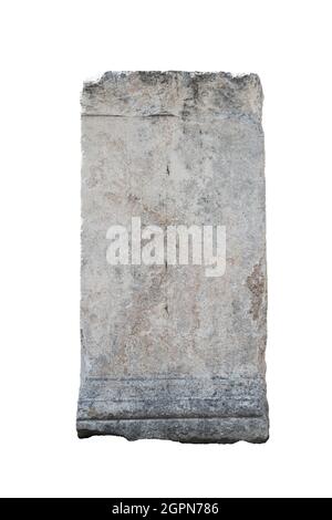 front view closeup of large square fragment of antique classical stone column with weathered texture isolated on white background Stock Photo