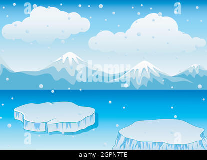 Winter landscape with snow mountains and ice floe Stock Vector