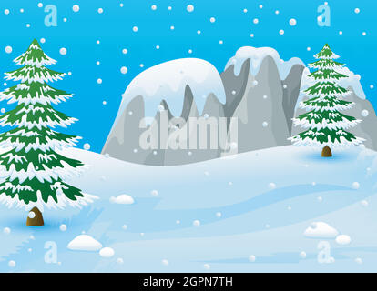 Winter landscape with snowy rocks and fir trees Stock Vector