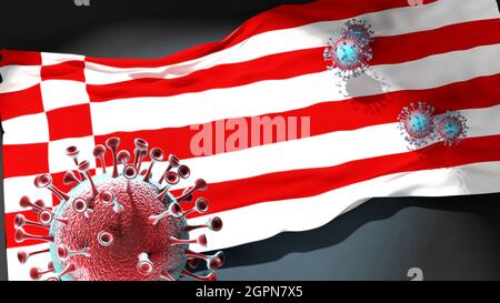 Covid in Bremen - coronavirus attacking a city flag of Bremen as a symbol of a fight and struggle with the virus pandemic in this city, 3d illustratio
