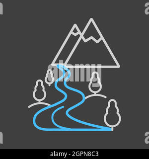 Mountain and river vector icon on dark background. Nature sign Stock Vector