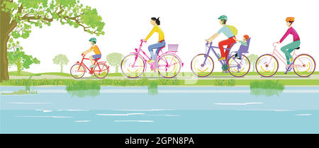 Family cycling in nature, illustration Stock Vector