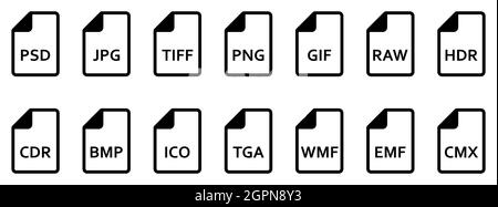 Image file formats icon. Set of line icons of different image formats. Image file icons. Vector illustration. Stock Vector