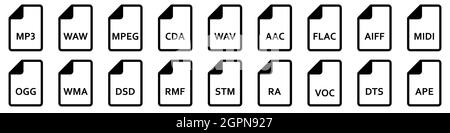 Audio file formats. Set of linear icons of different audio formats. Audio file icons. Vector illustration. Stock Vector